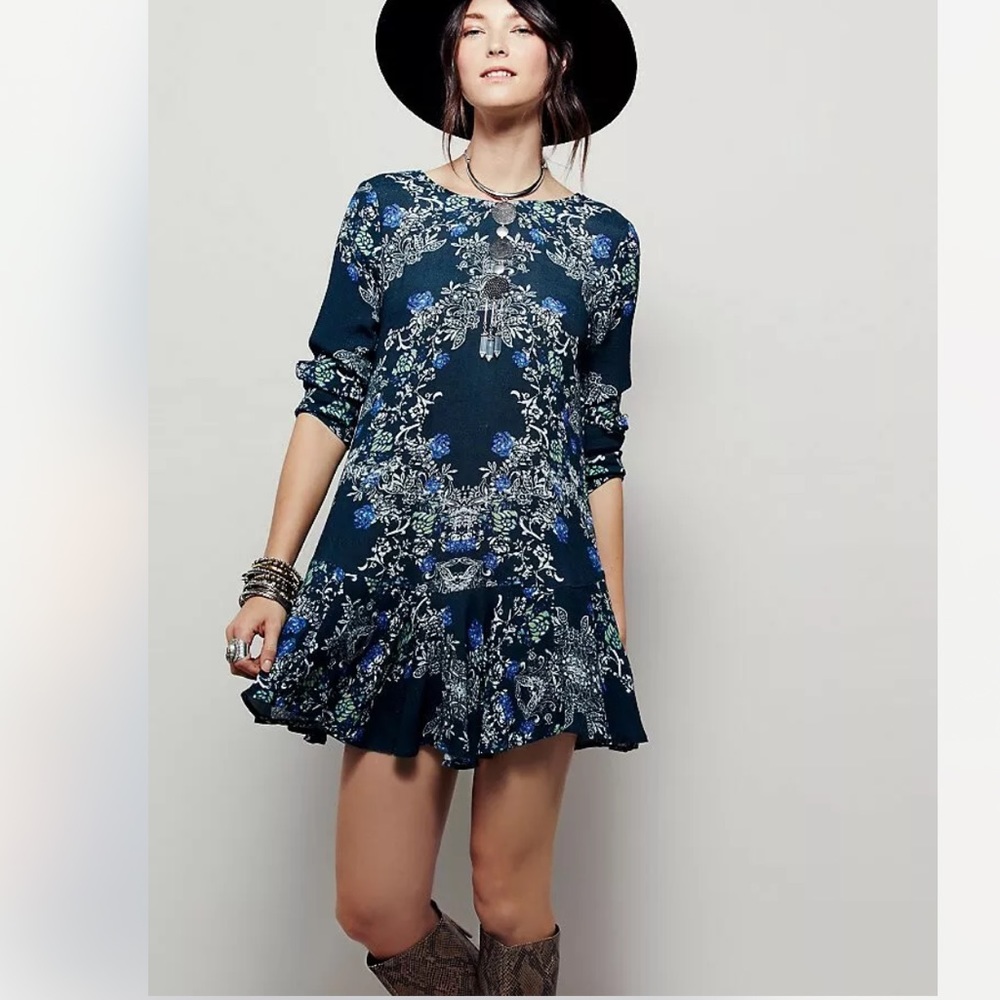 Free People Smooth Talker Floral Print Tunic Swing Dress Teal Blue Size Large